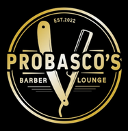 Black-and-gold circular logo for Probasco’s Barber Lounge with barber razor and comb, EST. 2022