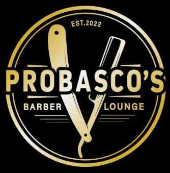 Probasco’s Barber Lounge logo with gold straight razor and scissors on black background
