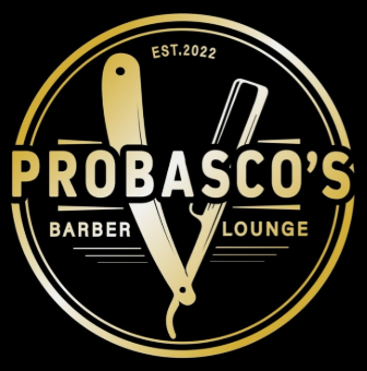 Gold and black barbershop logo reading “Probasco’s Barber Lounge” with straight razor and comb