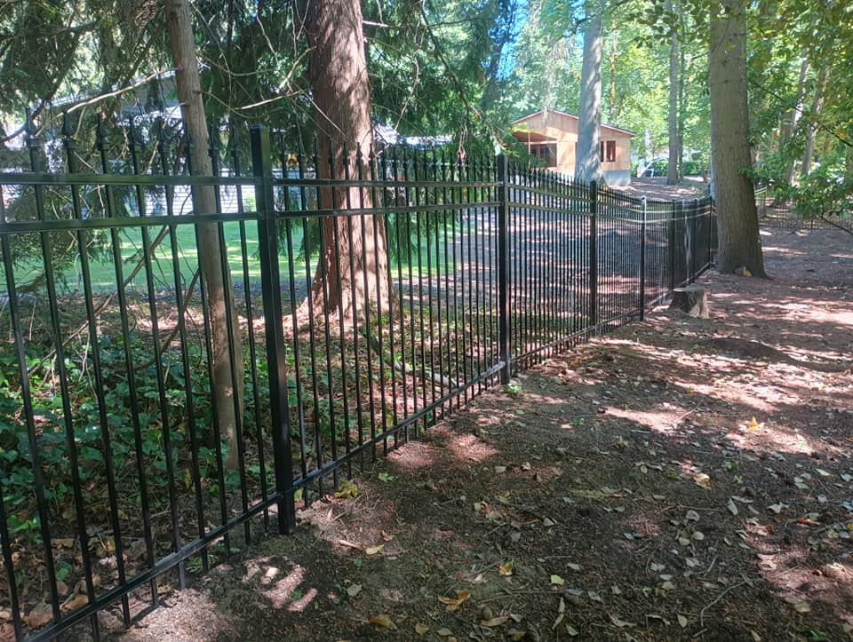 A black metal fence stretches through a wooded yard, separating a grassy area from a path leading toward a house.