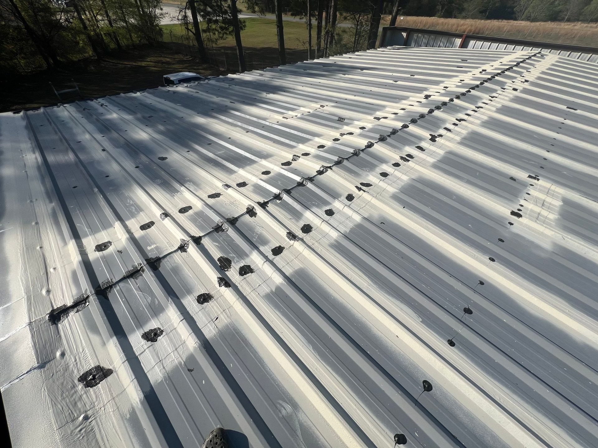 Metal roof with visible fasteners, showing wear and tear under sunlight.