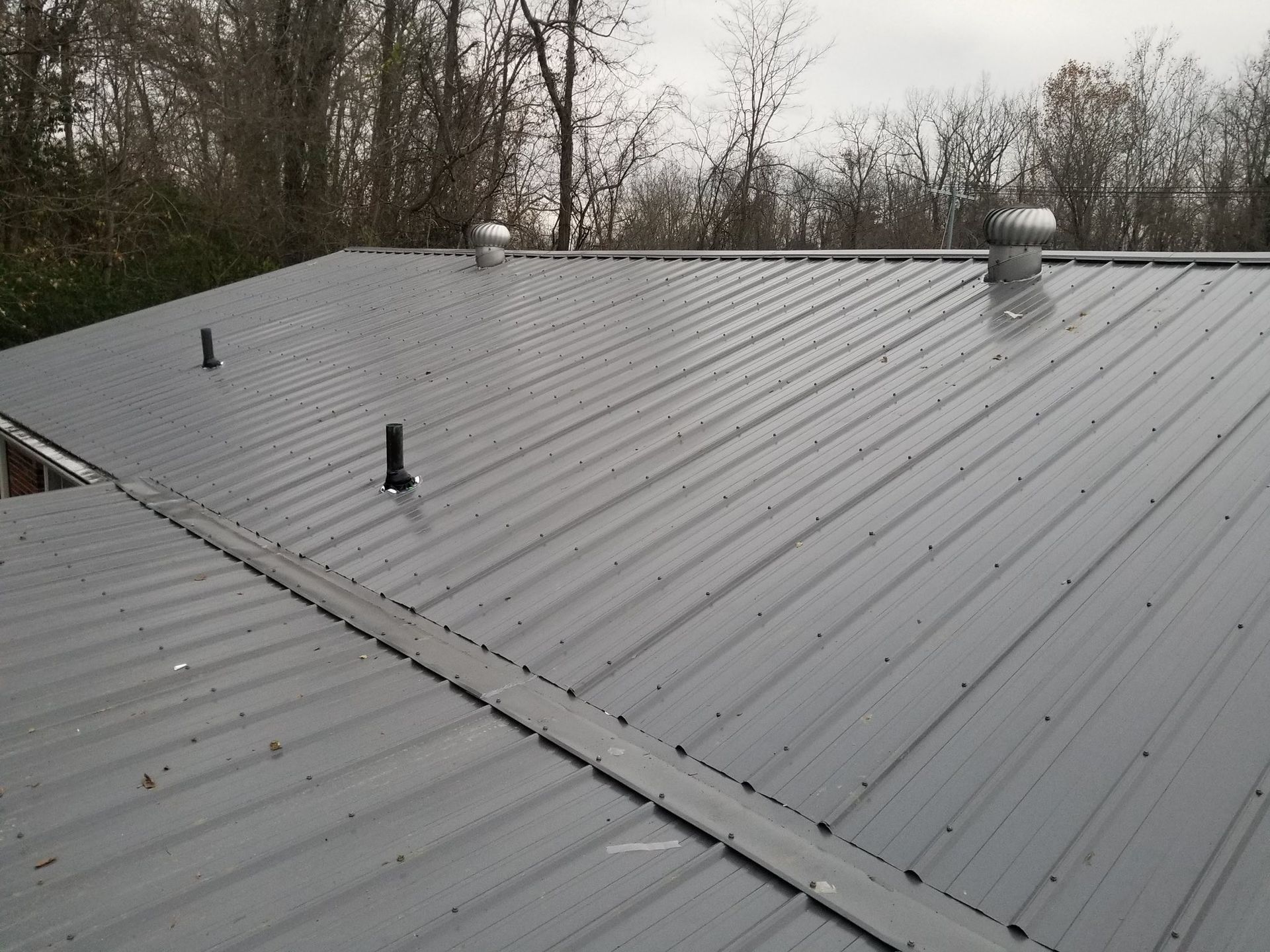 Gray metal roof with vents and pipes, set against trees.