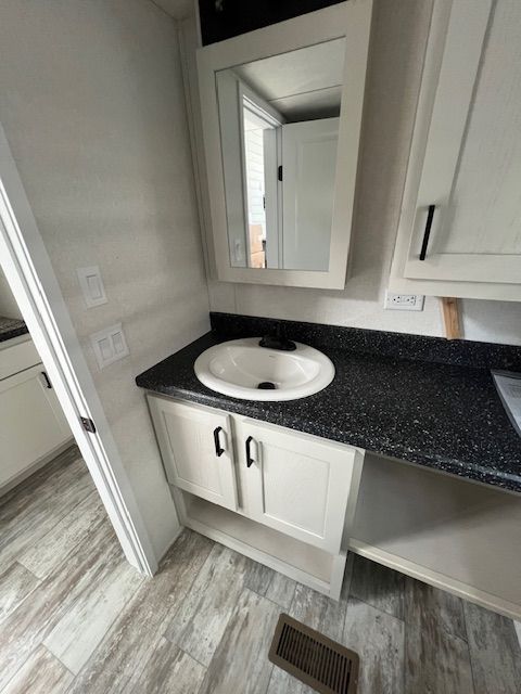 A bathroom with a sink , mirror and cabinets.