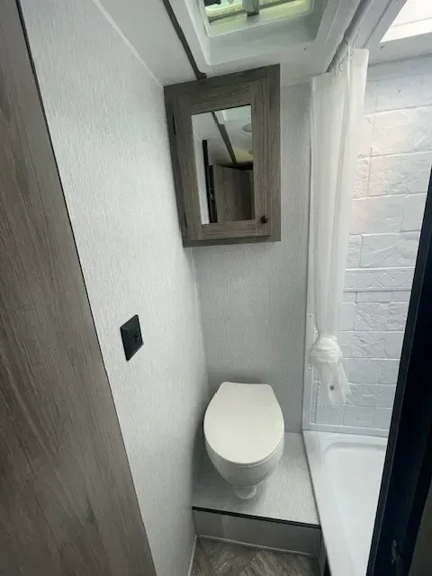 A bathroom with a toilet , mirror and shower curtain.