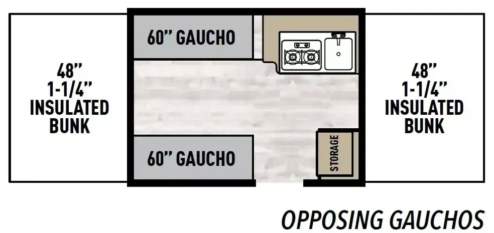A floor plan of a camper with two bunks and a stove.