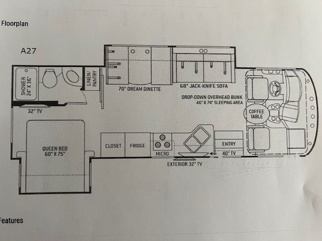 A black and white floor plan of an RV