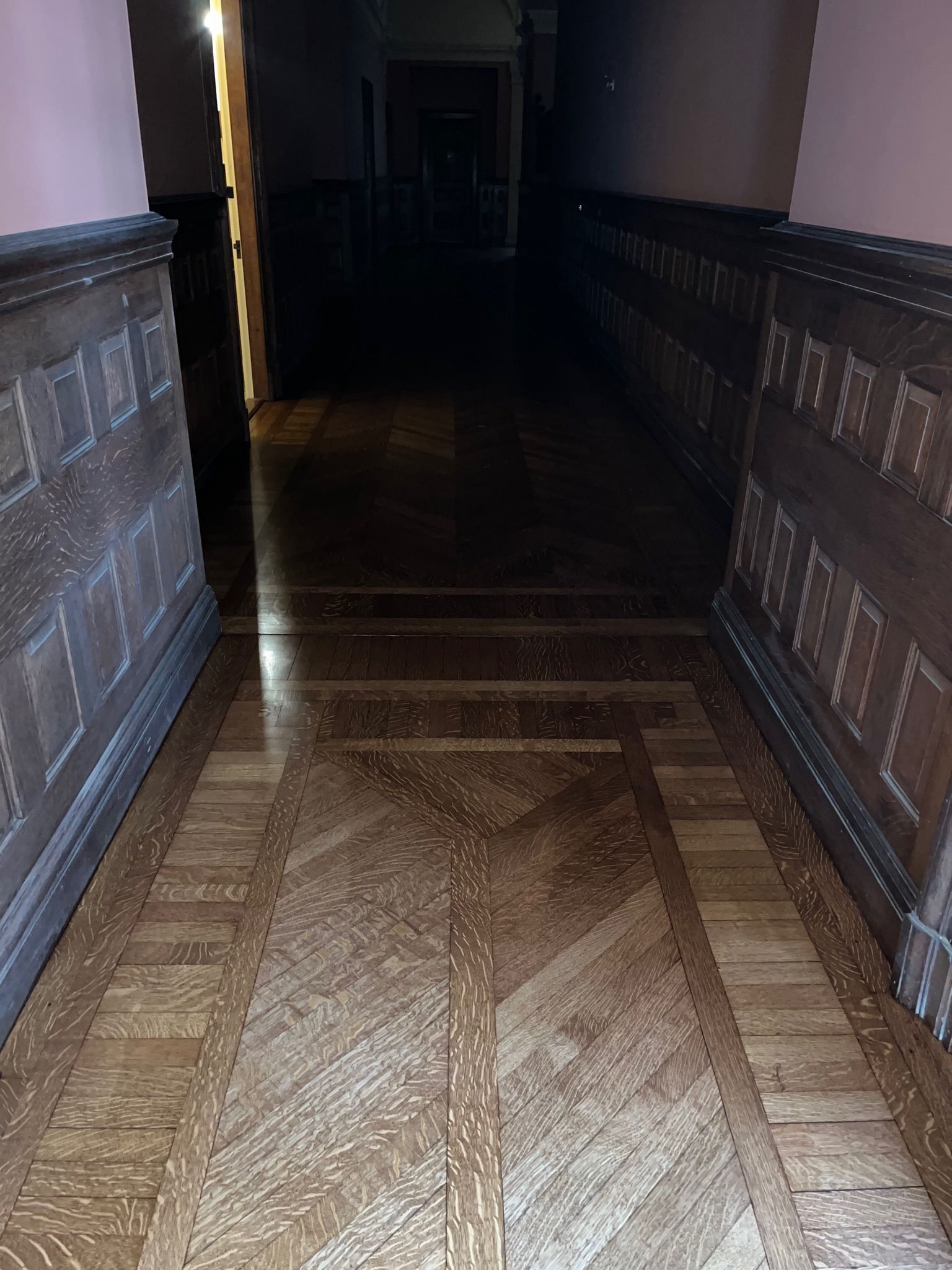A long hallway with wood paneling and flooring, lit by an open doorway at the end.