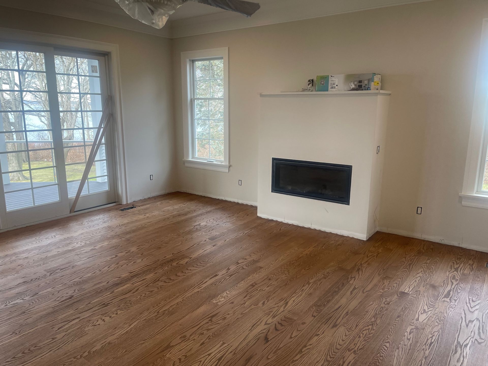 Living room with wood floor, fireplace, windows, and glass doors.