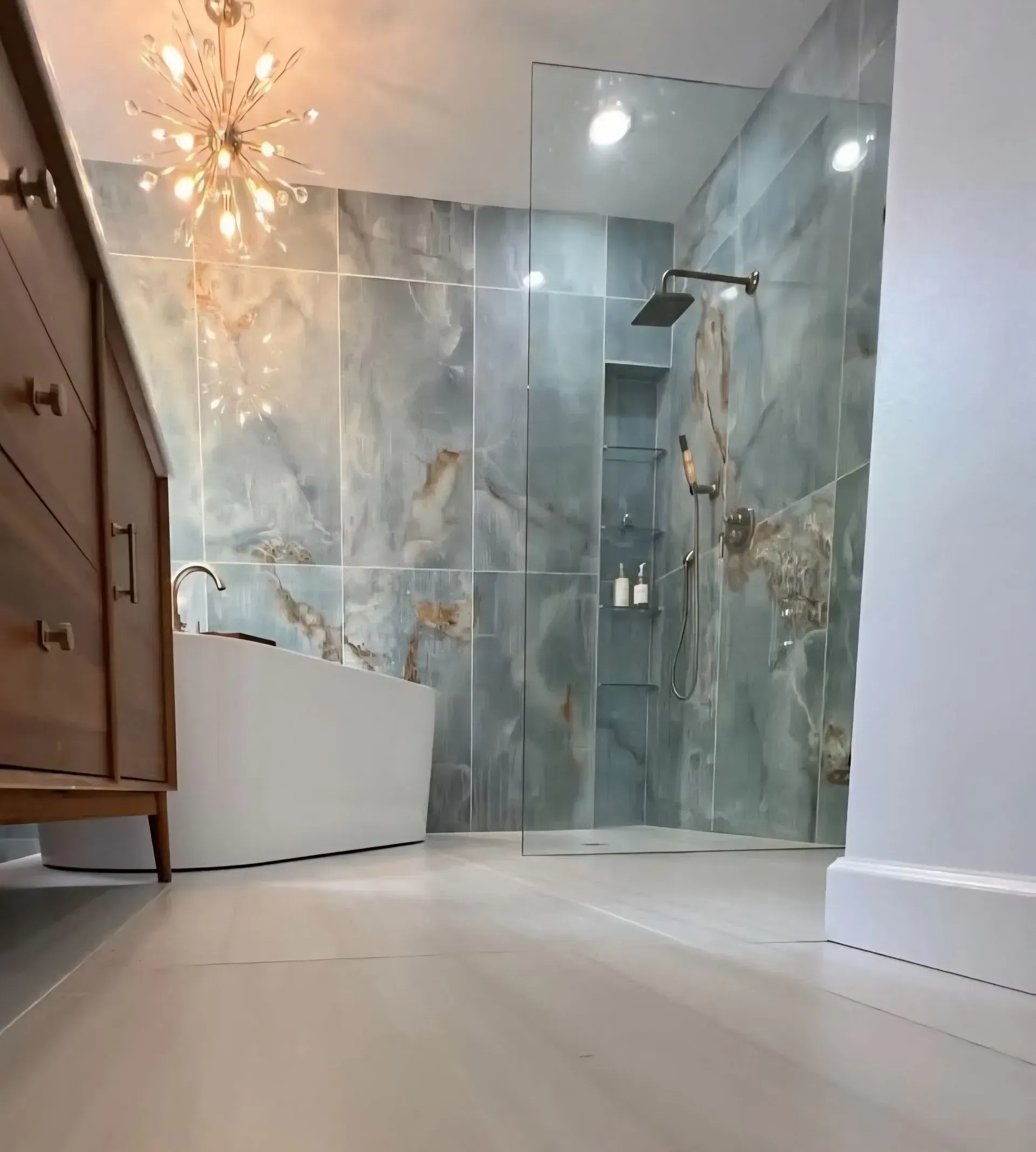 Modern bathroom with marble walls, glass shower, chandelier, and light wood flooring