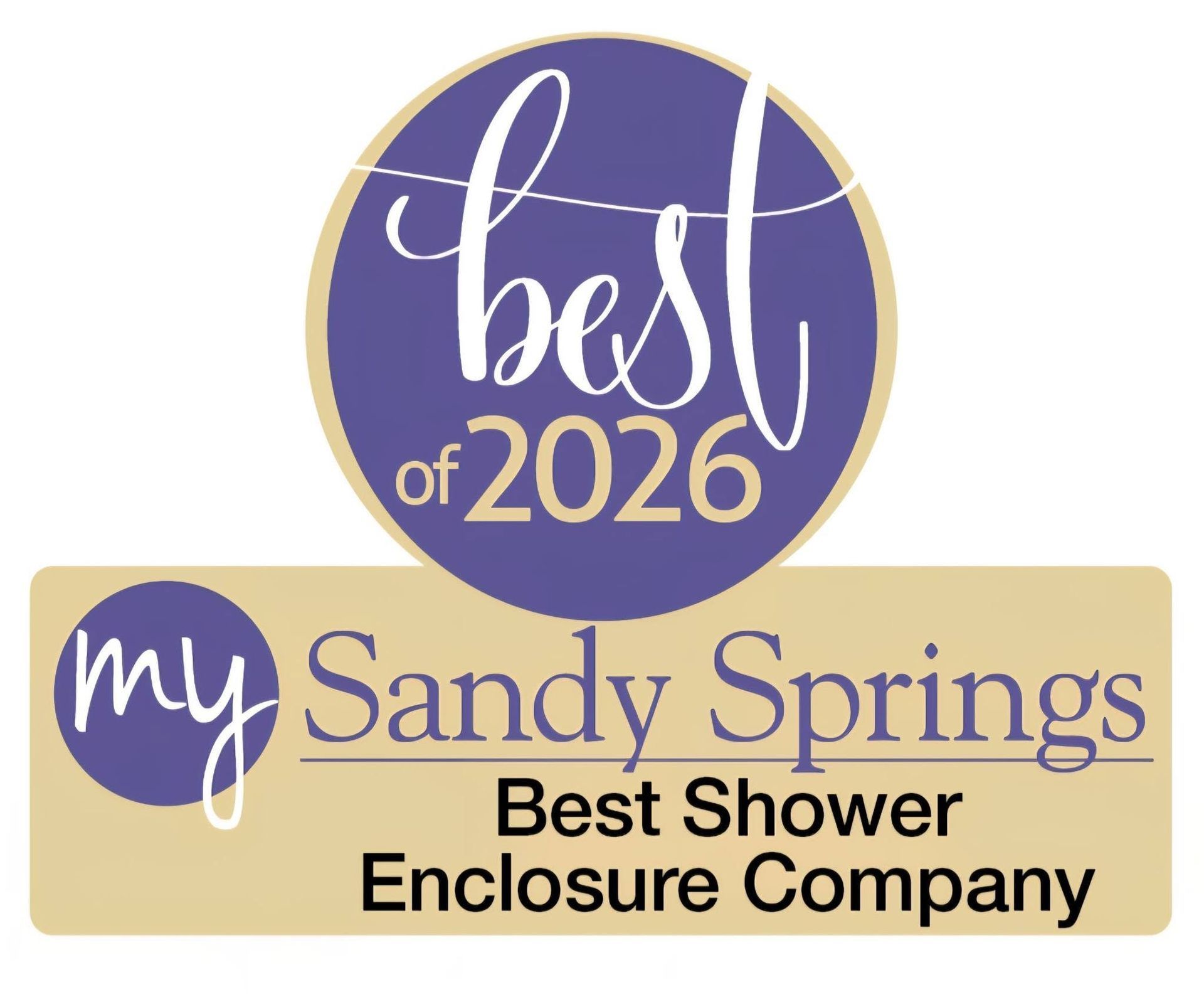 My Sandy Springs “best of 2026” badge with “Best Shower Enclosure Company” text on gold and purple background