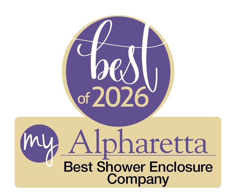 Purple and gold logo reading “best of 2026” and “my Alpharetta Best Shower Enclosure Company”