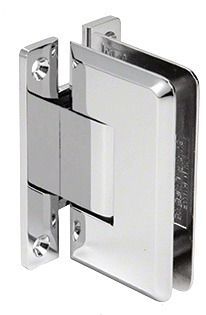 Chrome shower door hinge on white glass panel