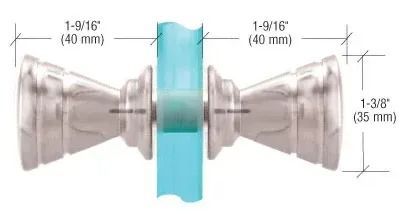 Diagram of a glass door knob latch with measurements labeled in inches and millimeters