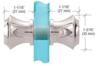 Metal door knob with a blue strip, labeled with dimensions in inches and millimeters.