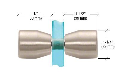 Two silver metal fasteners holding a blue glass sheet, with size measurements marked in inches and millimeters