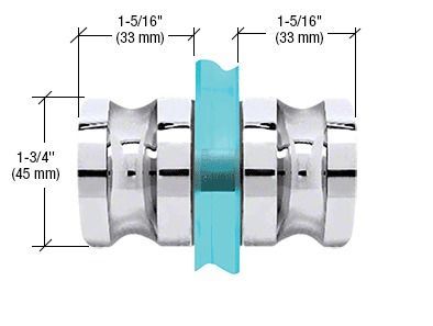 Chrome shower door roller assembly with blue wheel, labeled dimensions