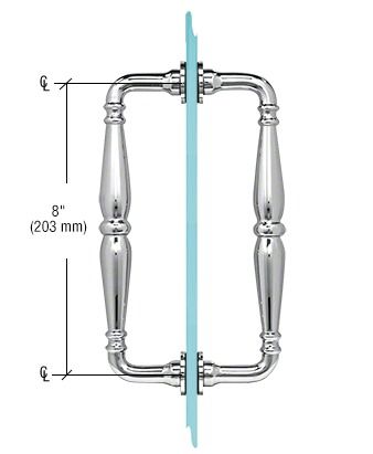 Chrome door pull handle, 8 inches tall, shown in side view on a glass door