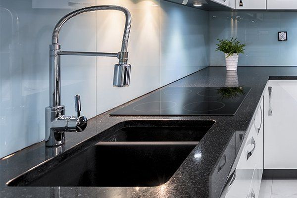 A kitchen sink with a faucet and a potted plant on the counter.