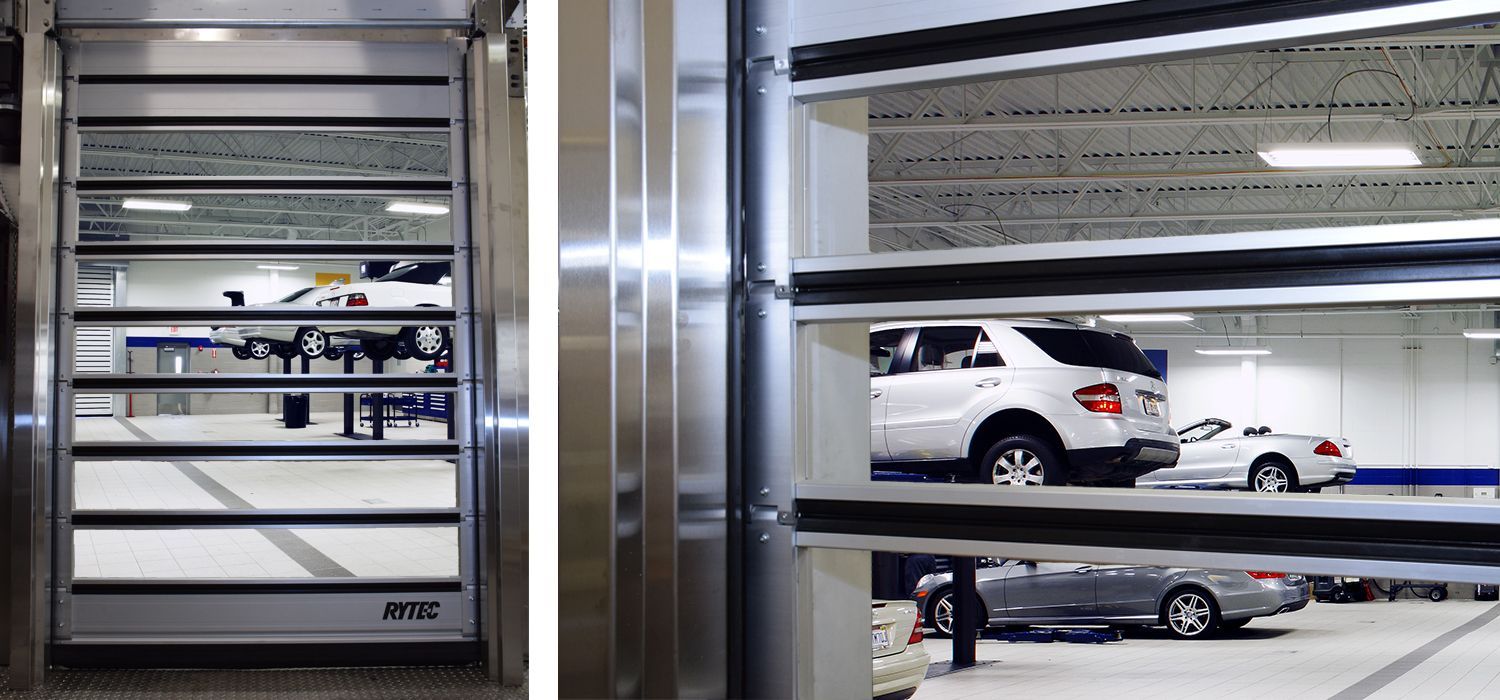 Two pictures of a parking garage with cars parked in it