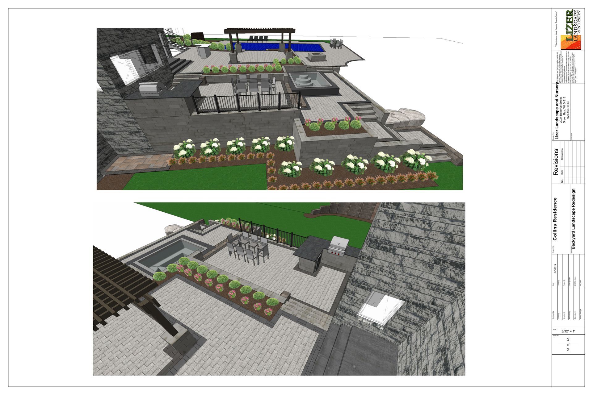A 3d model of a patio with a pool and a house in the background.