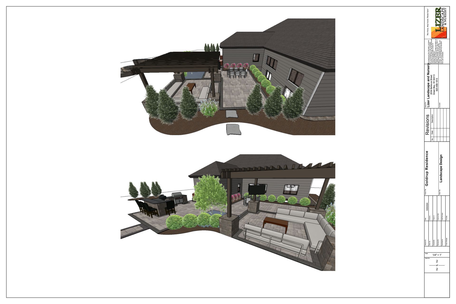 A drawing of a house with a patio and a pergola.
