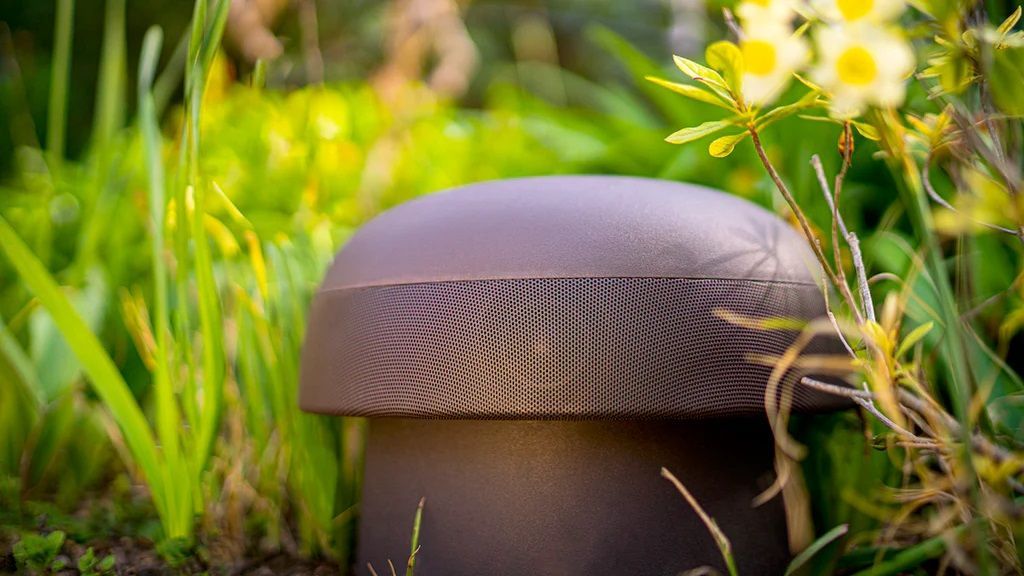 A speaker is sitting in the grass in the shape of a mushroom.
