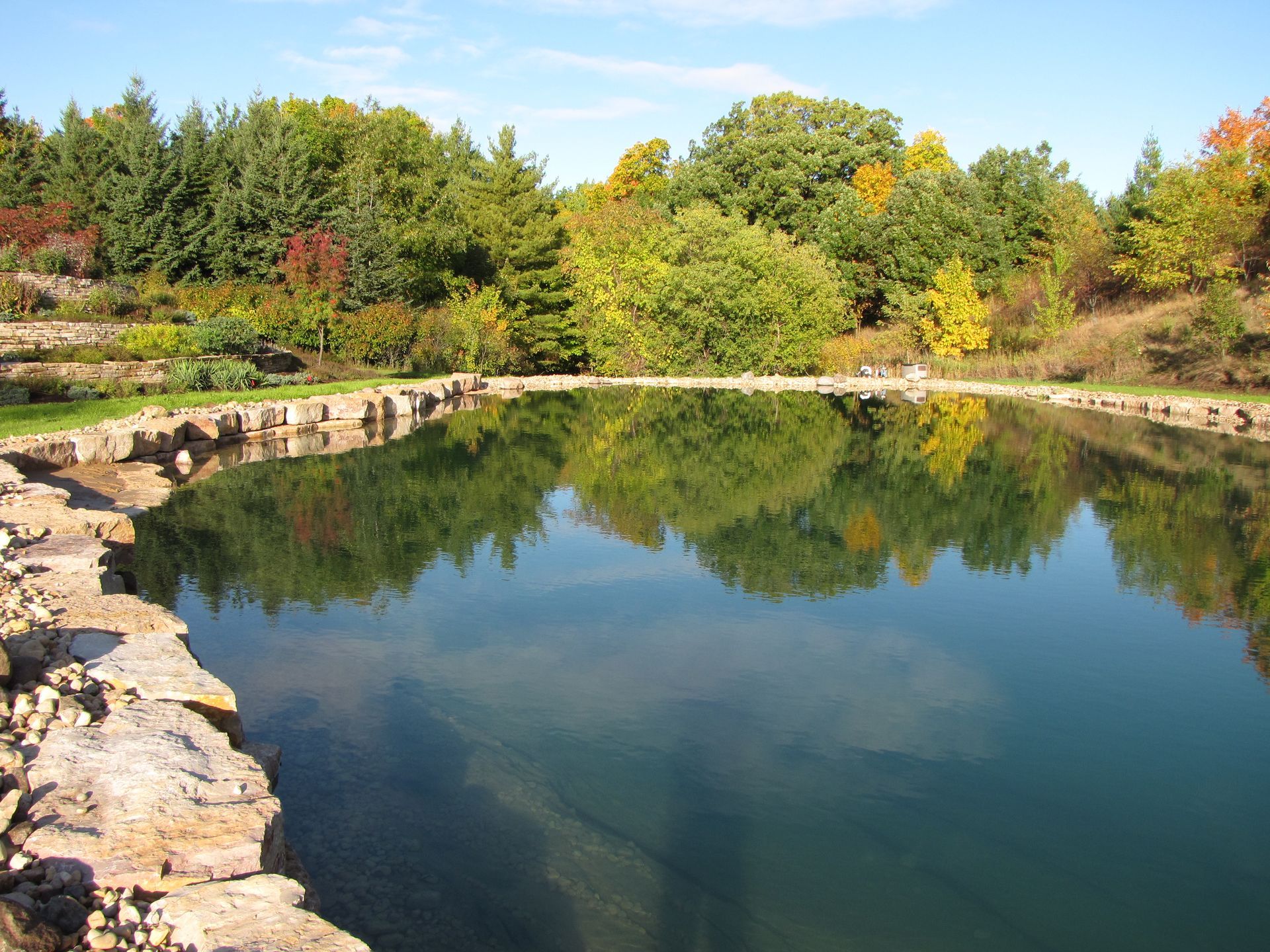 A large body of water surrounded by trees on a sunny day