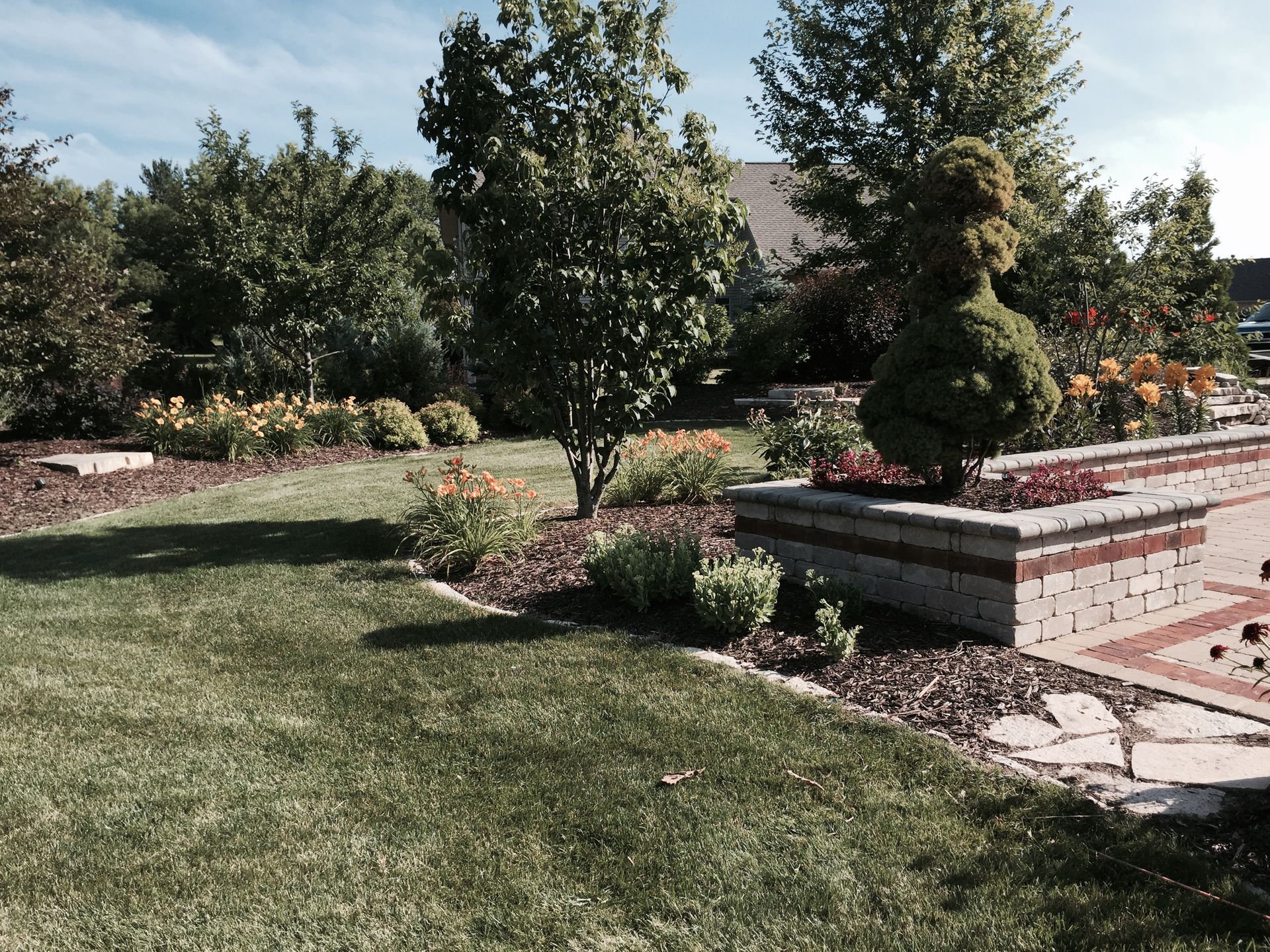A lush green lawn with a brick wall in the background