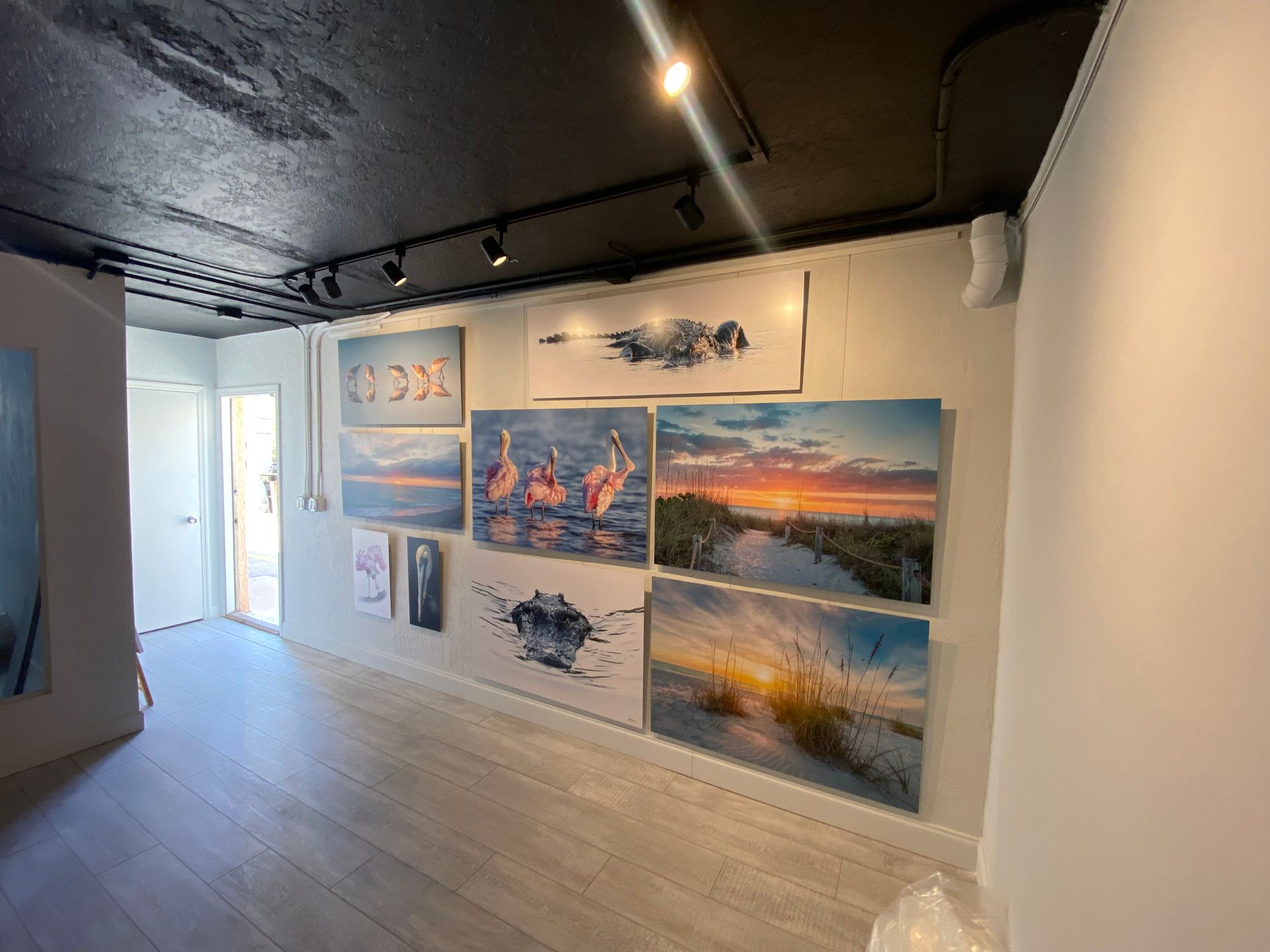 Modern art gallery wall with framed colorful landscape and abstract paintings in a bright hallway