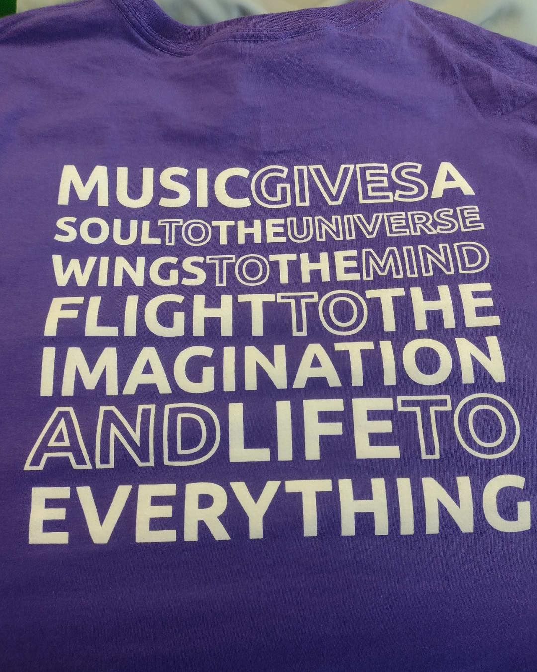 Purple t-shirt with white text: 