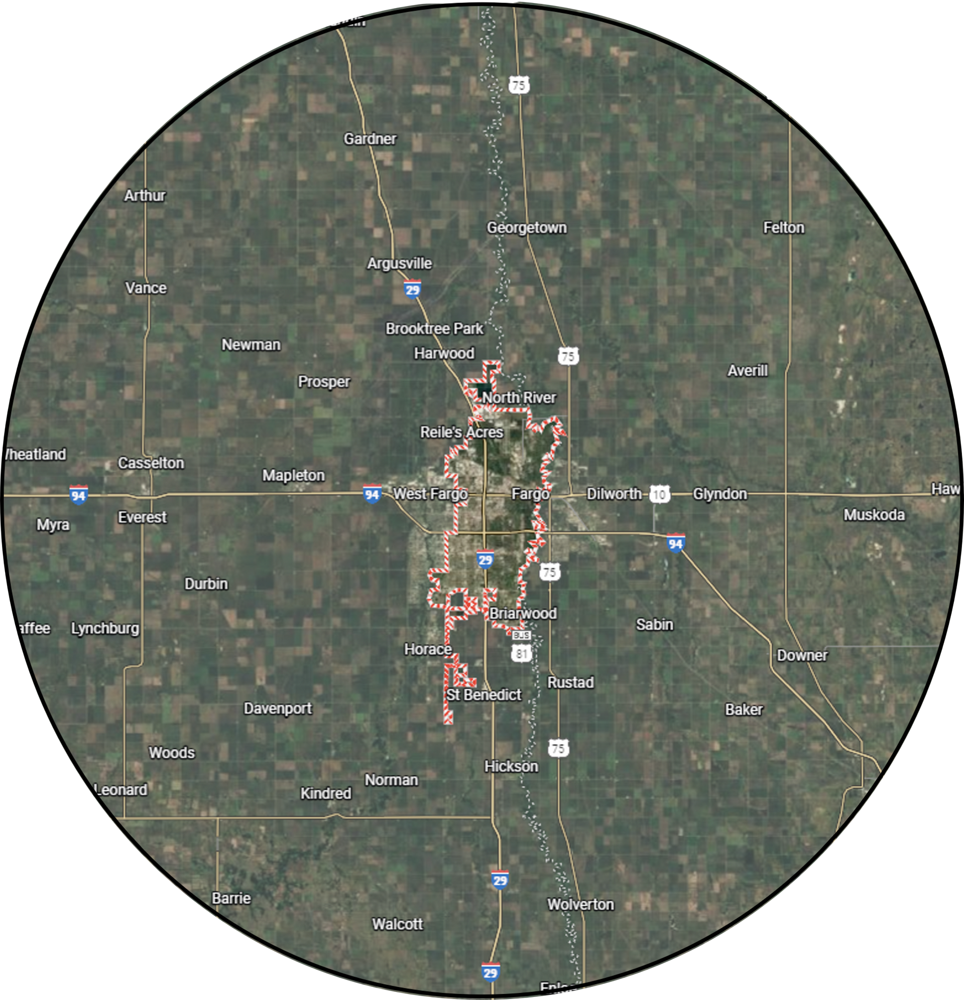 Satellite view of Mankato, Minnesota, within a circular border, surrounded by farmland and highways.