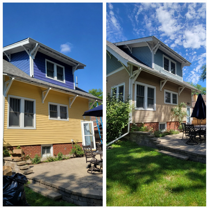 Purple and yellow house with garden