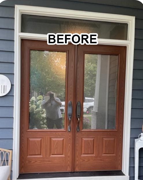A door with blue siding