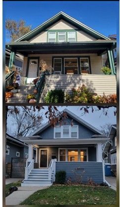 Two-panel view of a house. Top: beige siding, green trim. Bottom: blue siding, white trim.