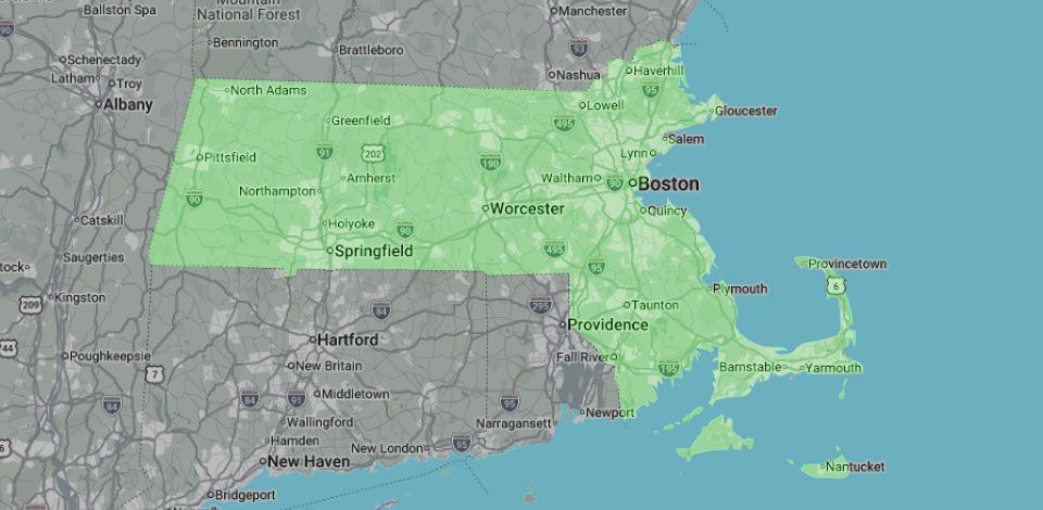 Green-highlighted Boston metro area map over a gray basemap with coastline and nearby routes.