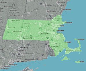 Green-highlighted Boston metro area map over a gray basemap with coastline and nearby routes.
