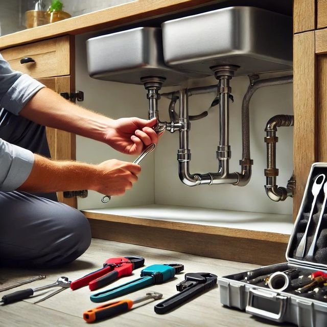 Professional plumber working on residential plumbing