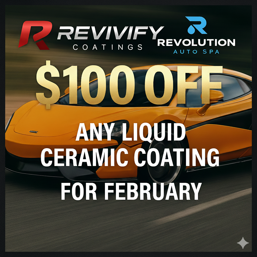 Advertisement for liquid ceramic coating. $100 off in February. Features an orange sports car.