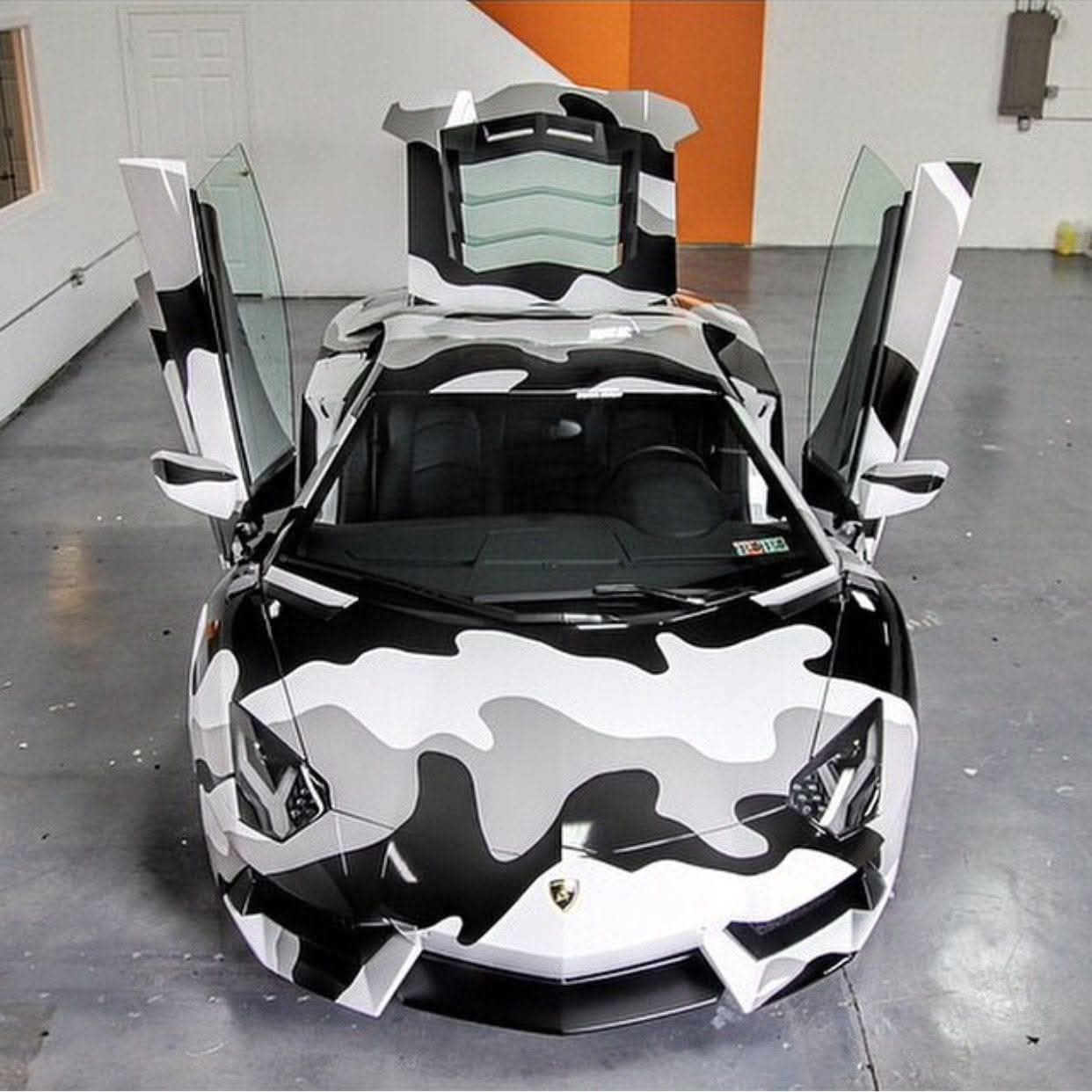 Lamborghini Aventador, camo pattern wrap, doors and engine hatch open.