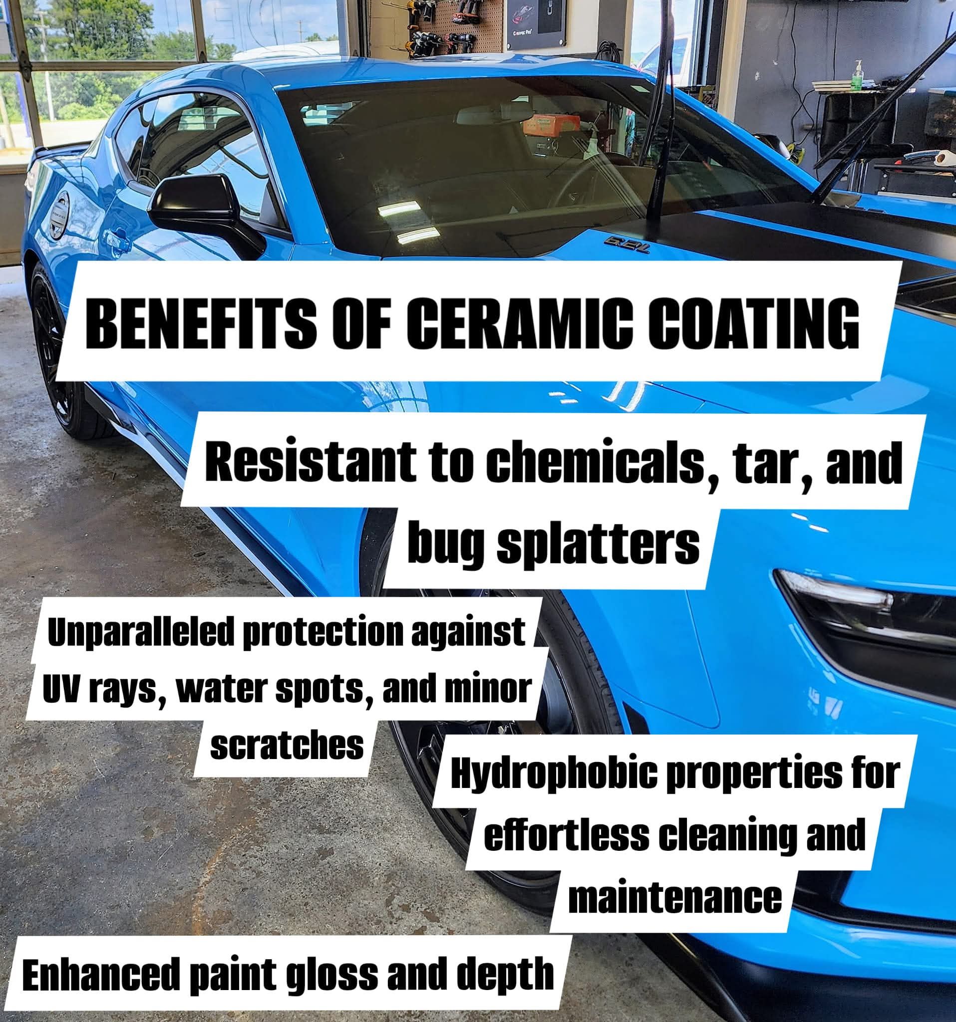 Blue car with ceramic coating benefits listed: chemical resistance, UV protection, hydrophobic, and enhanced gloss.