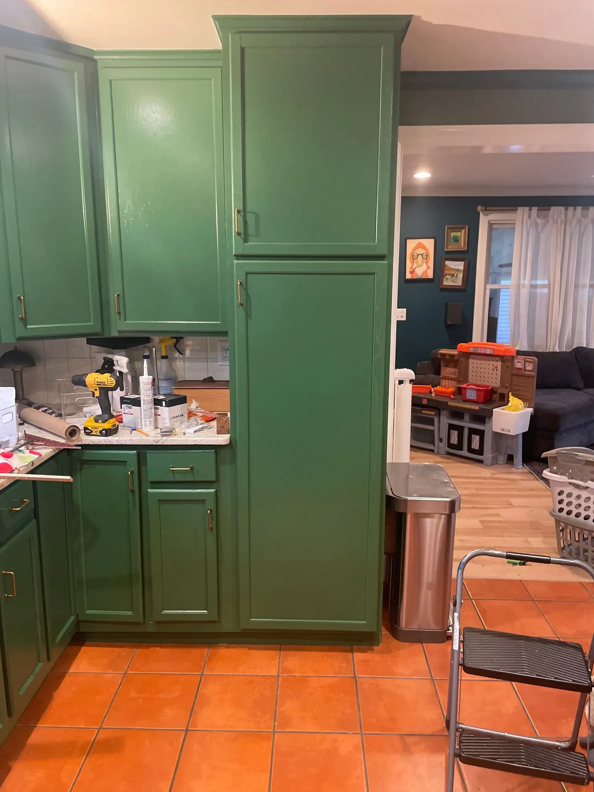 Green kitchen cabinets with a tall pantry. Orange tile floor, stainless steel trash can, and stepladder visible.