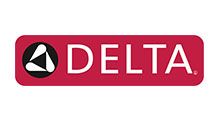 Delta logo on a red rounded rectangle with white text and a black circular icon