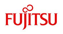Fujitsu logo in red with stylized circular marks above the wordmark