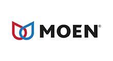 MOEN logo with red and blue stylized water-drop icon beside black text