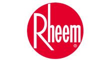 Rheem logo in white text on a red circular background