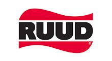 RUUD logo in black with red wavy bars above and below