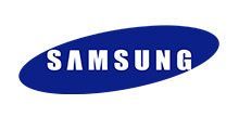 Samsung logo in white on a blue oval background