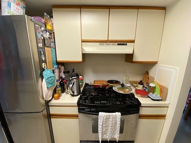 A kitchen with a stove, refrigerator and cabinets