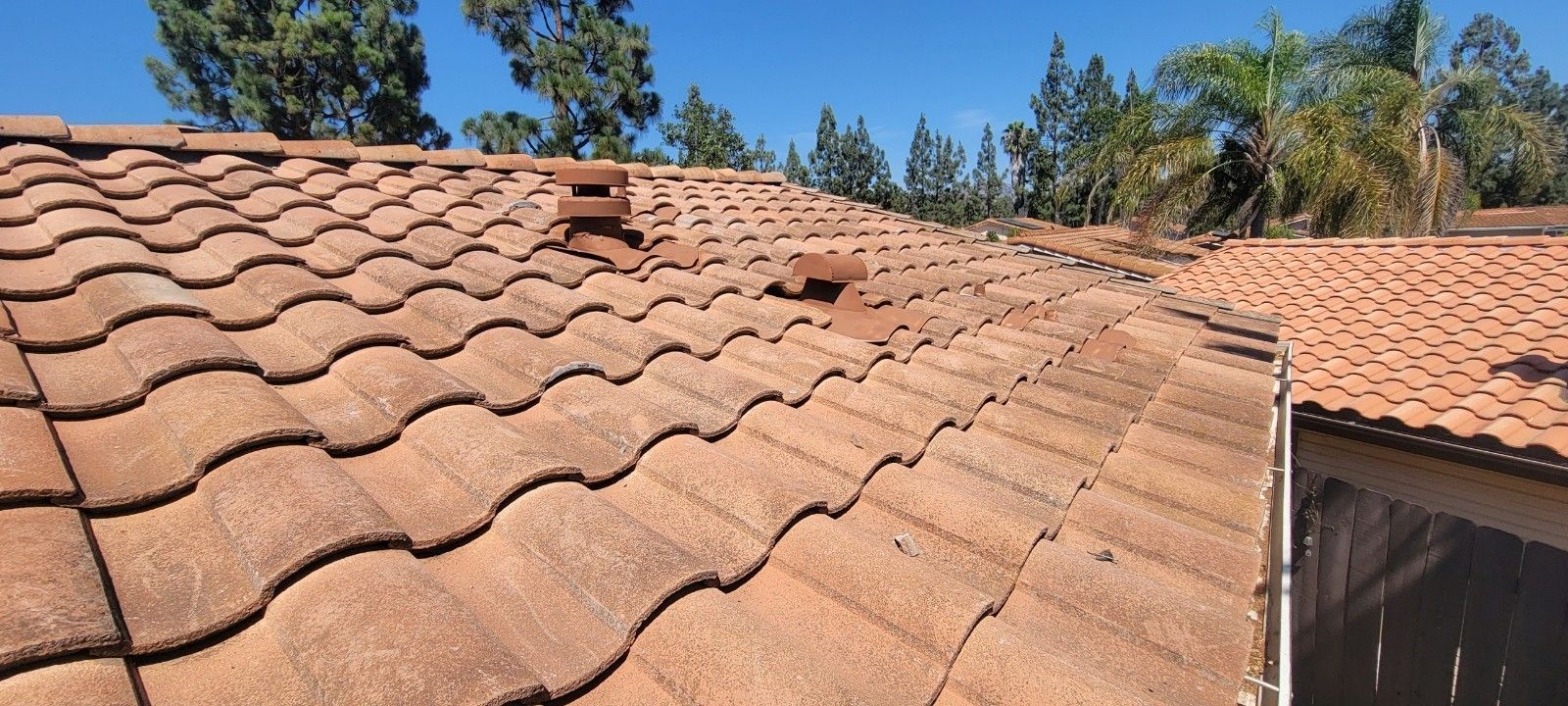 Red tile roof with two chimneys against a blue sky with green trees.