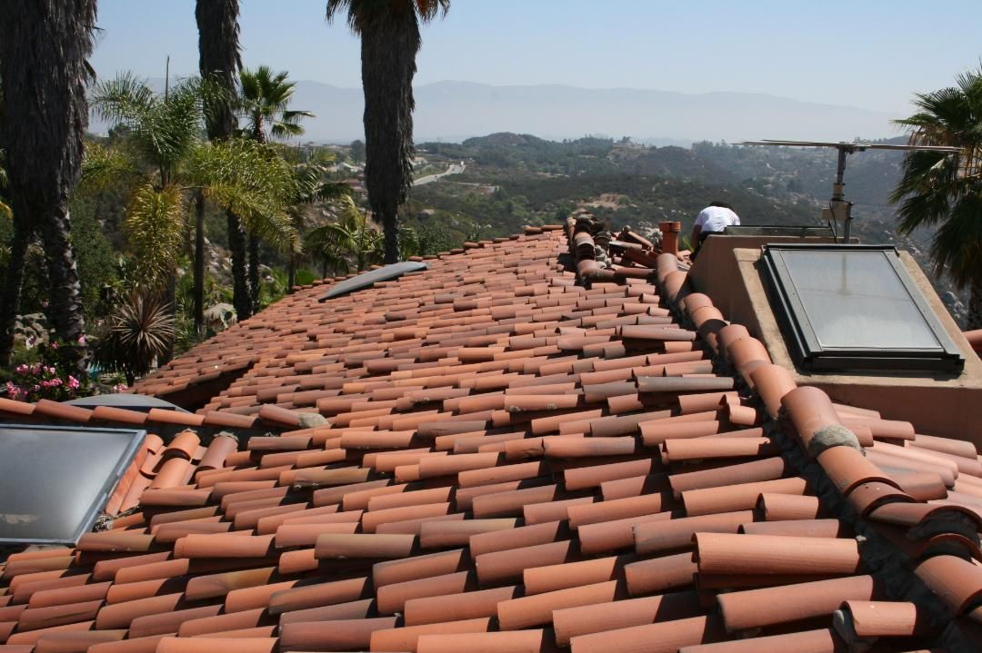 Red tile roof with skylights, set against a background of distant hills and palm trees.